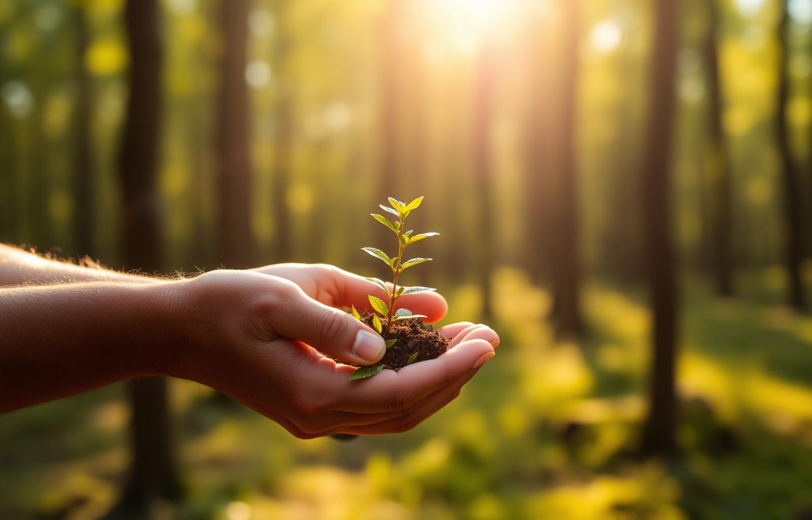 Hands holding a young sapling in sunlit forest